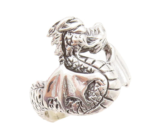 925 Sterling Silver Vintage Ring Dark Tone Solid Dragon Carved  Sz 6  RG31592