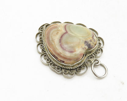 925 Sterling Silver  Vintage Cabochon Agate Love Heart Swirl Pendant  PT7282