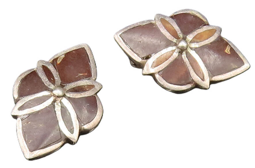 925 Sterling Silver  Vintage Inlaid Tiger's Eye Non Pierced Earrings  EG12004