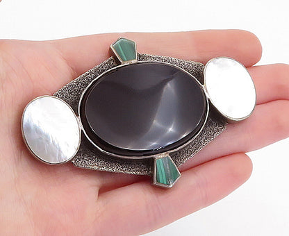 925 Silver  Vintage Black Onyx Mother Of Pearl & Malachite Brooch Pin  BP1753