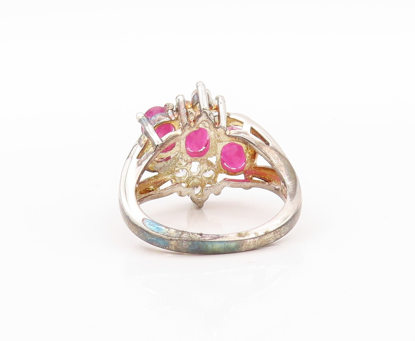 925 Sterling Silver Vintage Ring Swirly Floral Carved Ruby & CZ  Sz 7  RG30175