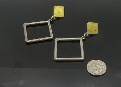 MEXICO 925 Silver  Vintage Heavy Open Square 2 Tone Dangle Earrings  EG10519