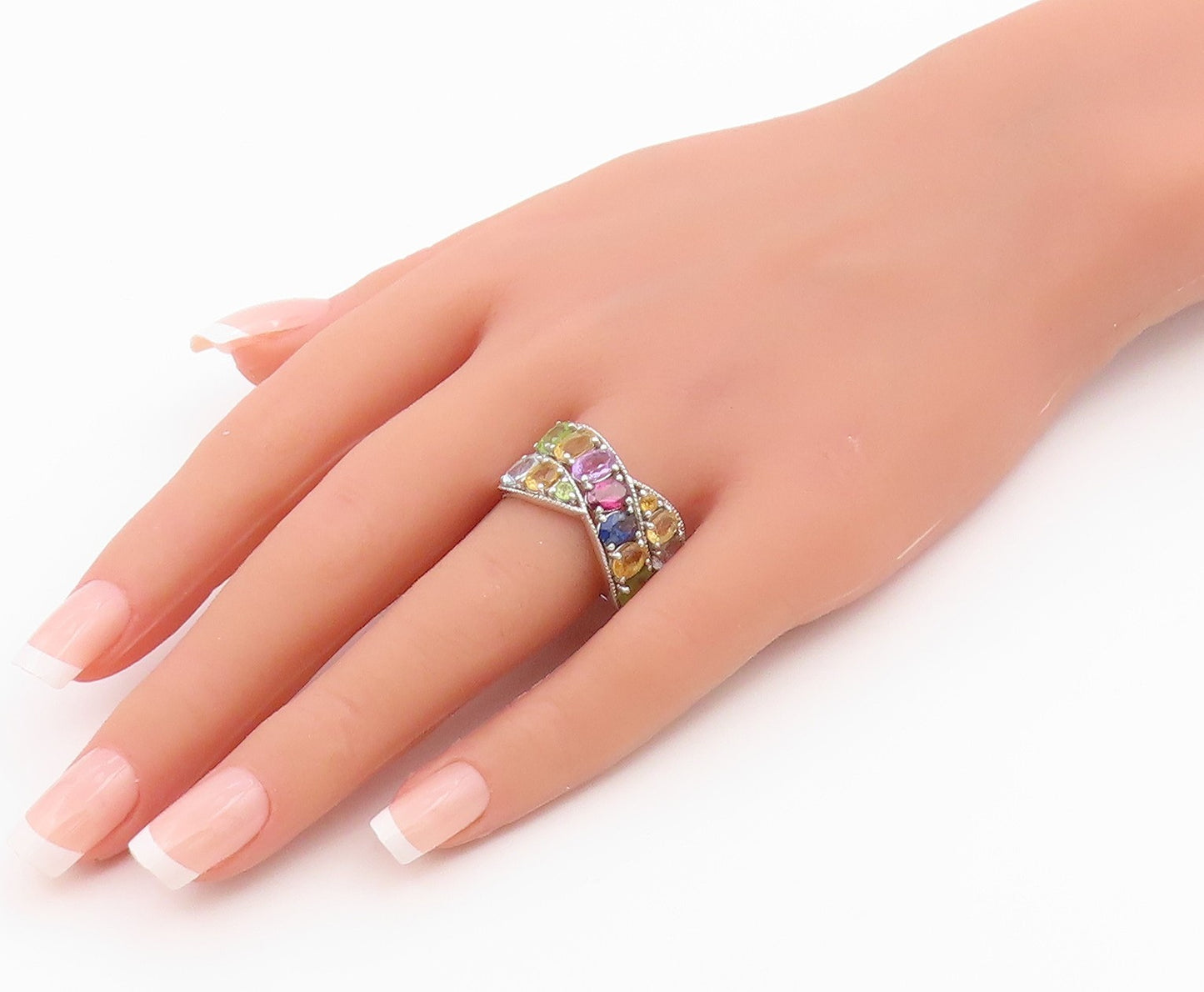 925 Sterling Silver Vintage Ring Multi Gemstone Crossover Band  Sz 10  RG36459