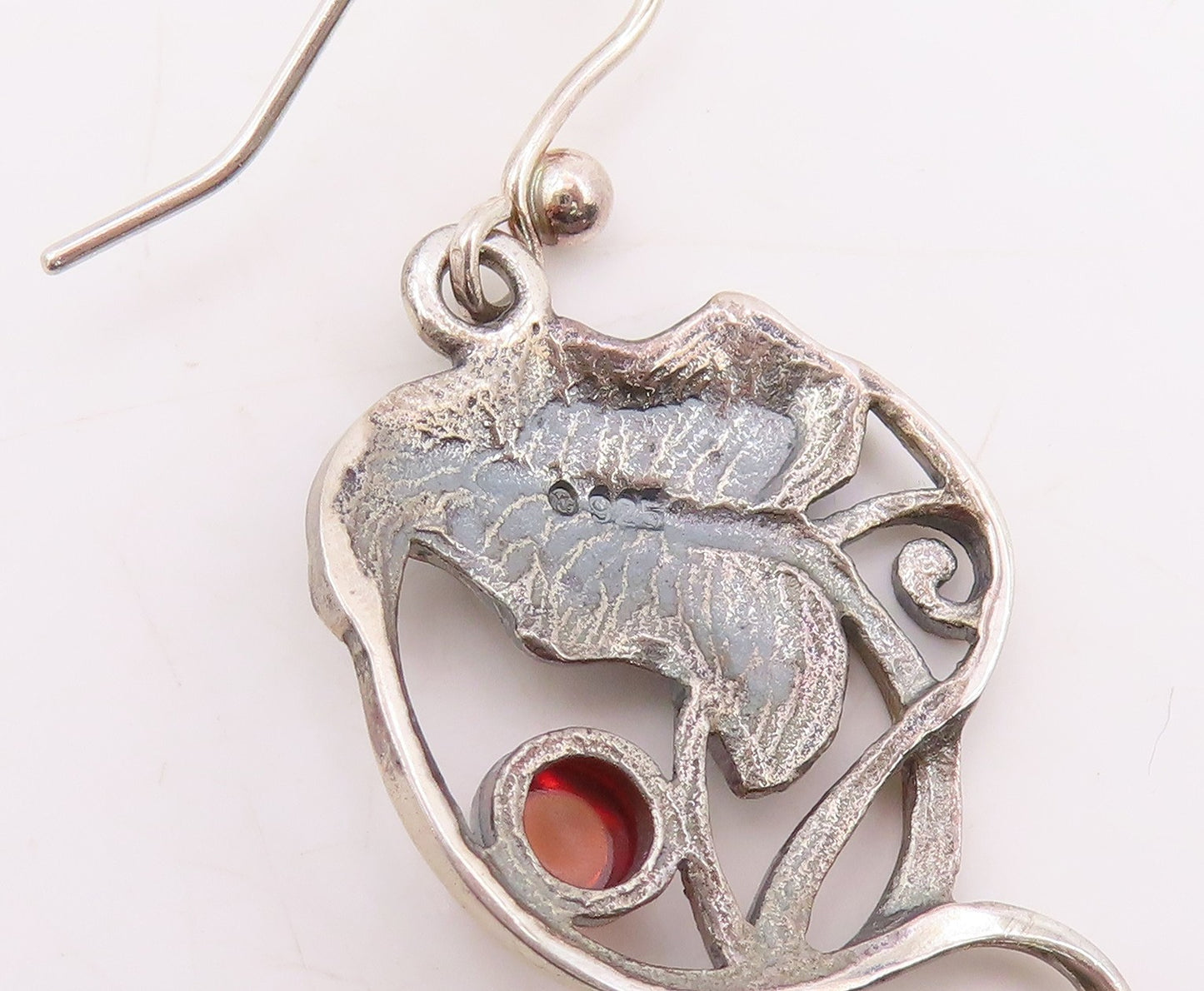 925 Sterling Silver Vintage Earrings Cabochon Amber Floral Leaf Motif  EG14076