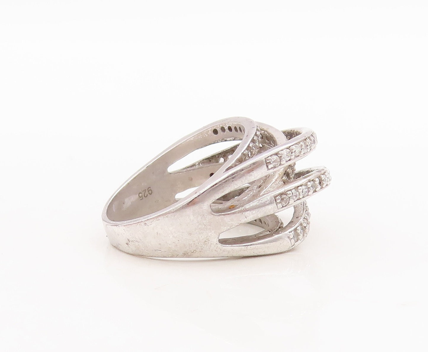 925 Sterling Silver Vintage Ring Designer Split White Topaz Bands  Sz 7  RG29658