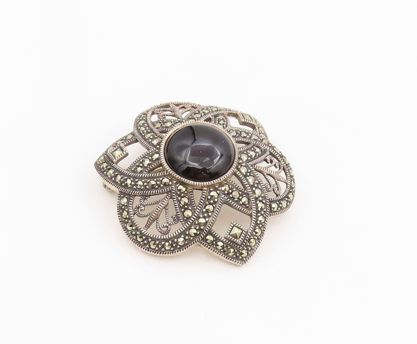 925 Sterling Silver Vintage Brooch Pin JUDITH JACK Onyx Floral Petal  BP12178
