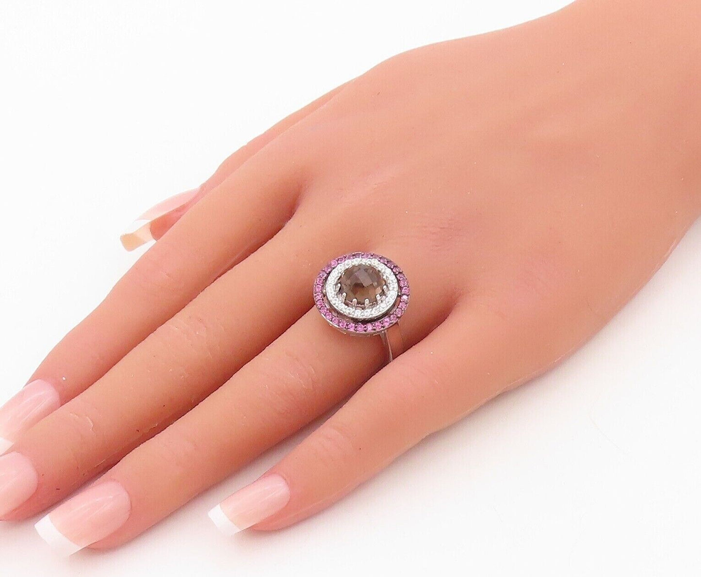 925 Sterling Silver Vintage Ring Smoky Quartz Halo Topaz Rings  Sz 7  RG30129