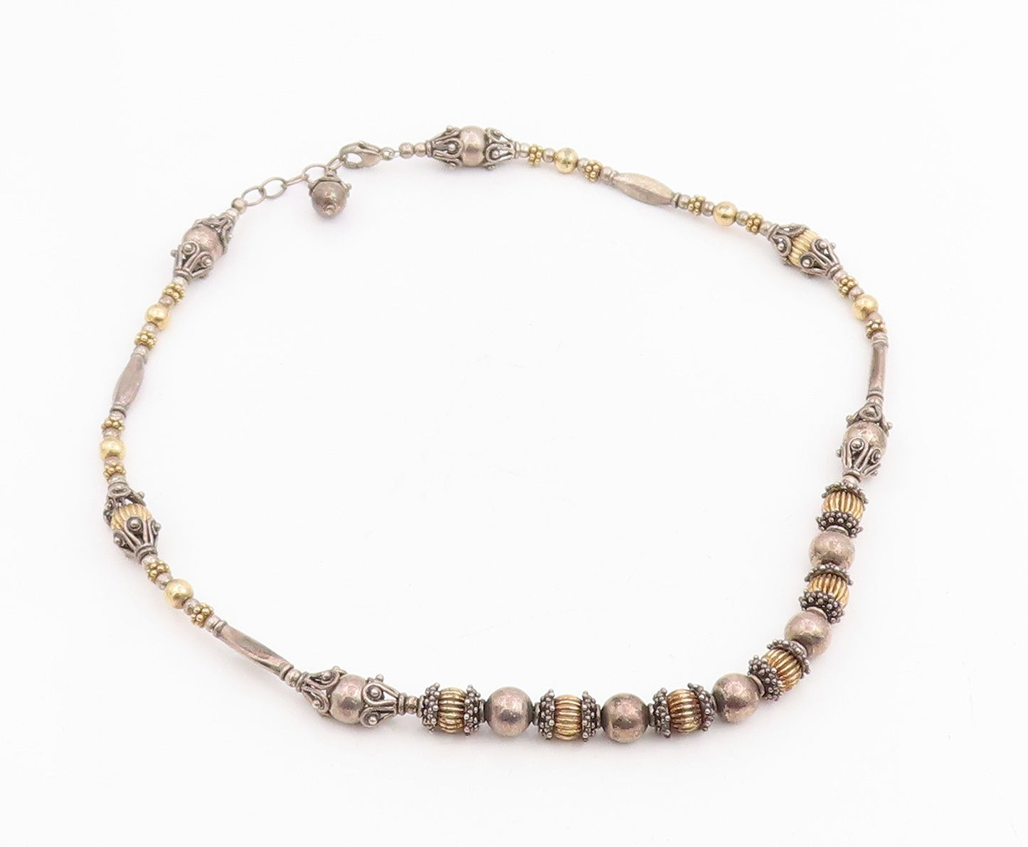 925 Sterling Silver Vintage Necklace Two Tone Bohemian Ethnic Bead Chain  NE4782