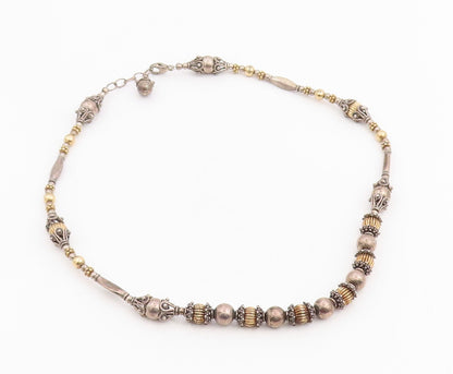 925 Sterling Silver Vintage Necklace Two Tone Bohemian Ethnic Bead Chain  NE4782