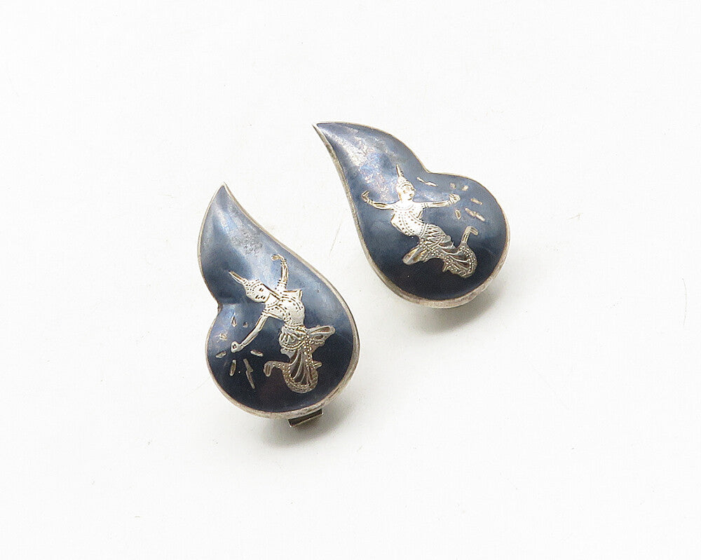 SIAM 925 Silver  Vintage Enamel Niello Dancer Non Pierce Earrings  EG5341