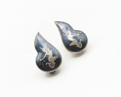 SIAM 925 Silver  Vintage Enamel Niello Dancer Non Pierce Earrings  EG5341
