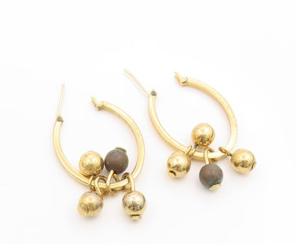 925 Sterling Silver Vintage Earrings Gold Plated Beaded Dangle Hoops  EG14046