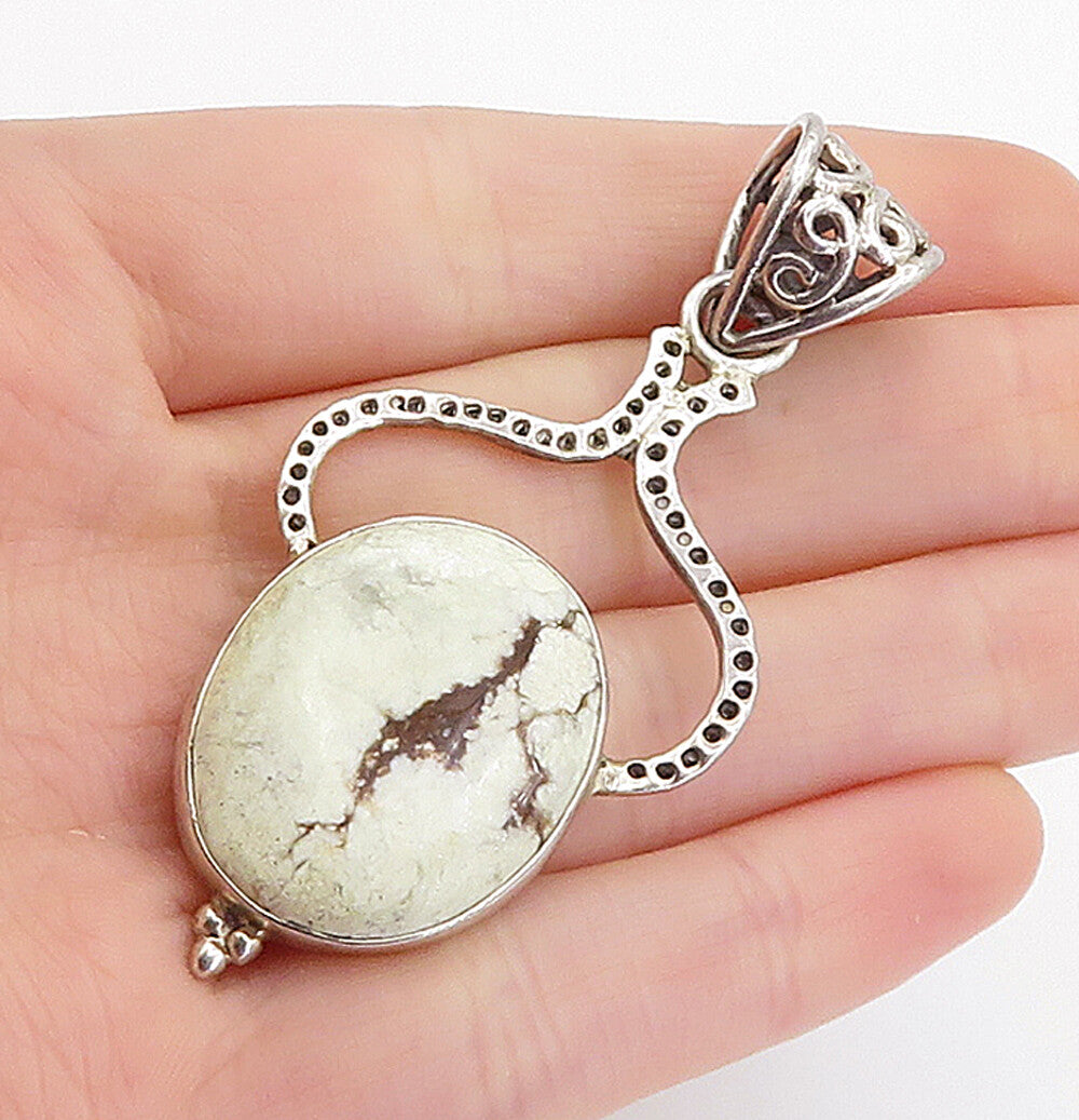 925 Sterling Silver Vintage Cabochon Jasper Swirl Detail Drop Pendant PT3277