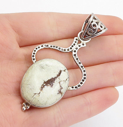 925 Sterling Silver Vintage Cabochon Jasper Swirl Detail Drop Pendant PT3277