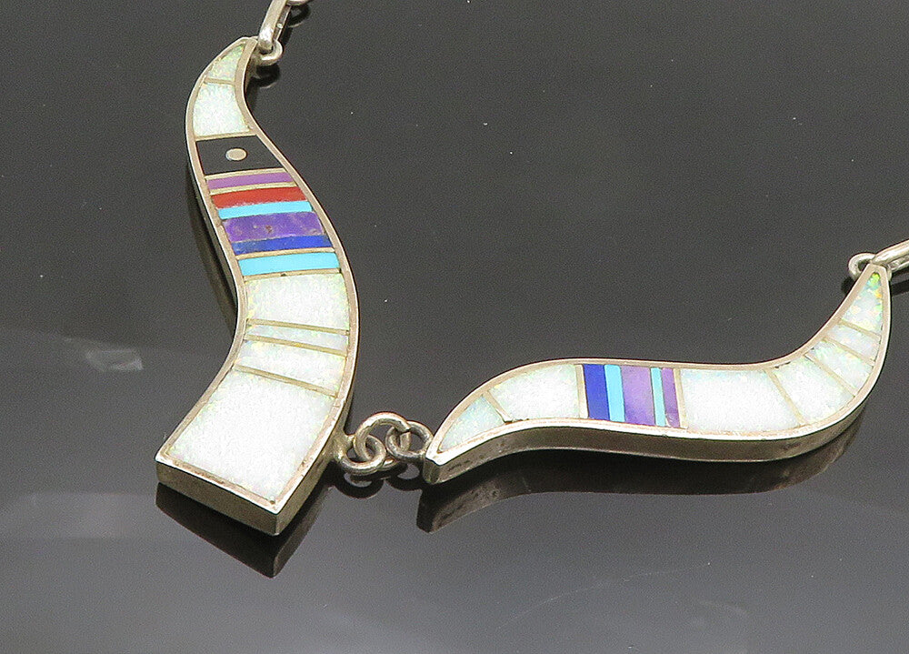 HAROLD SMITH NAVAJO 925 Silver  Vintage Multi Stone Chain Necklace  NE3328