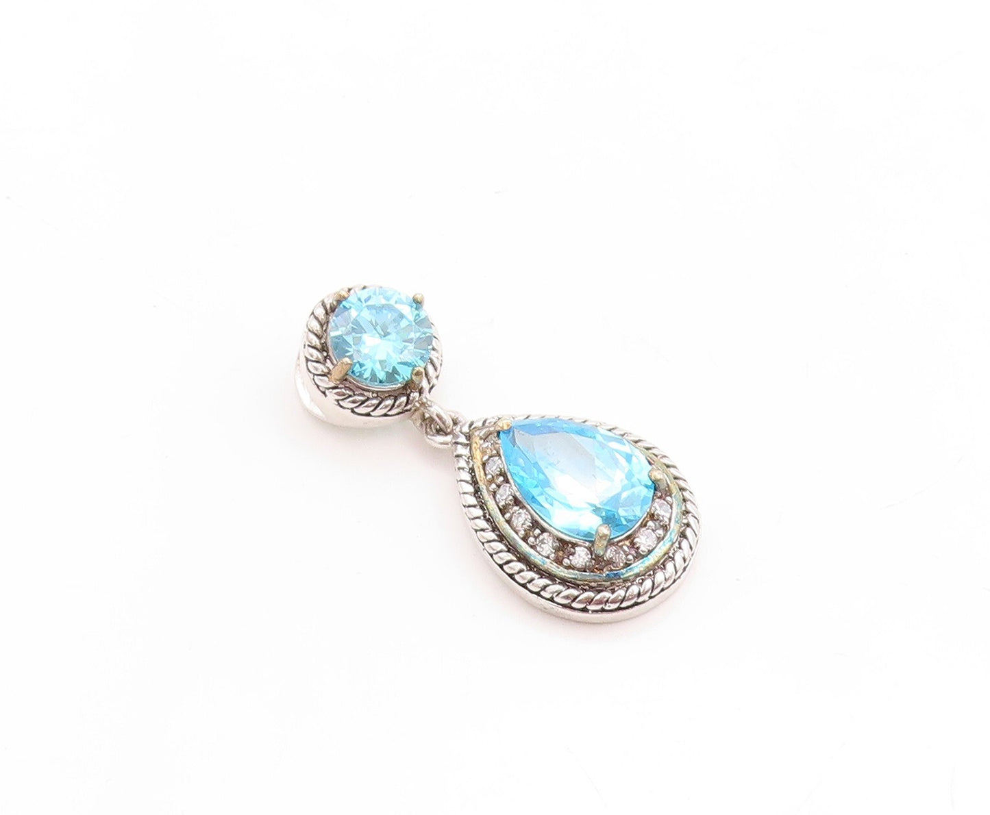 925 Sterling Silver Vintage Pendant Drop & Round Cut Blue & White Topaz  PT23767