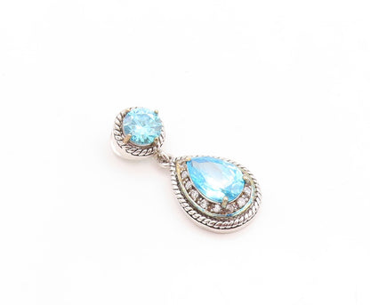 925 Sterling Silver Vintage Pendant Drop & Round Cut Blue & White Topaz  PT23767