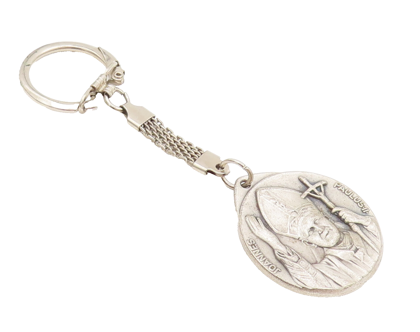 925  Silver  Vintage Religious Carved Joannes Paulus 2 Round Keychain  TR3590