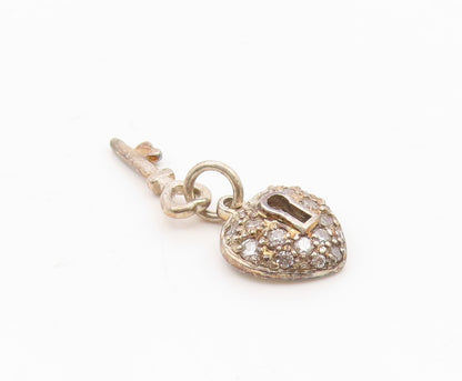 925 Sterling Silver Vintage Topaz Love Heart Lock & Key Charm Pendant PT21300