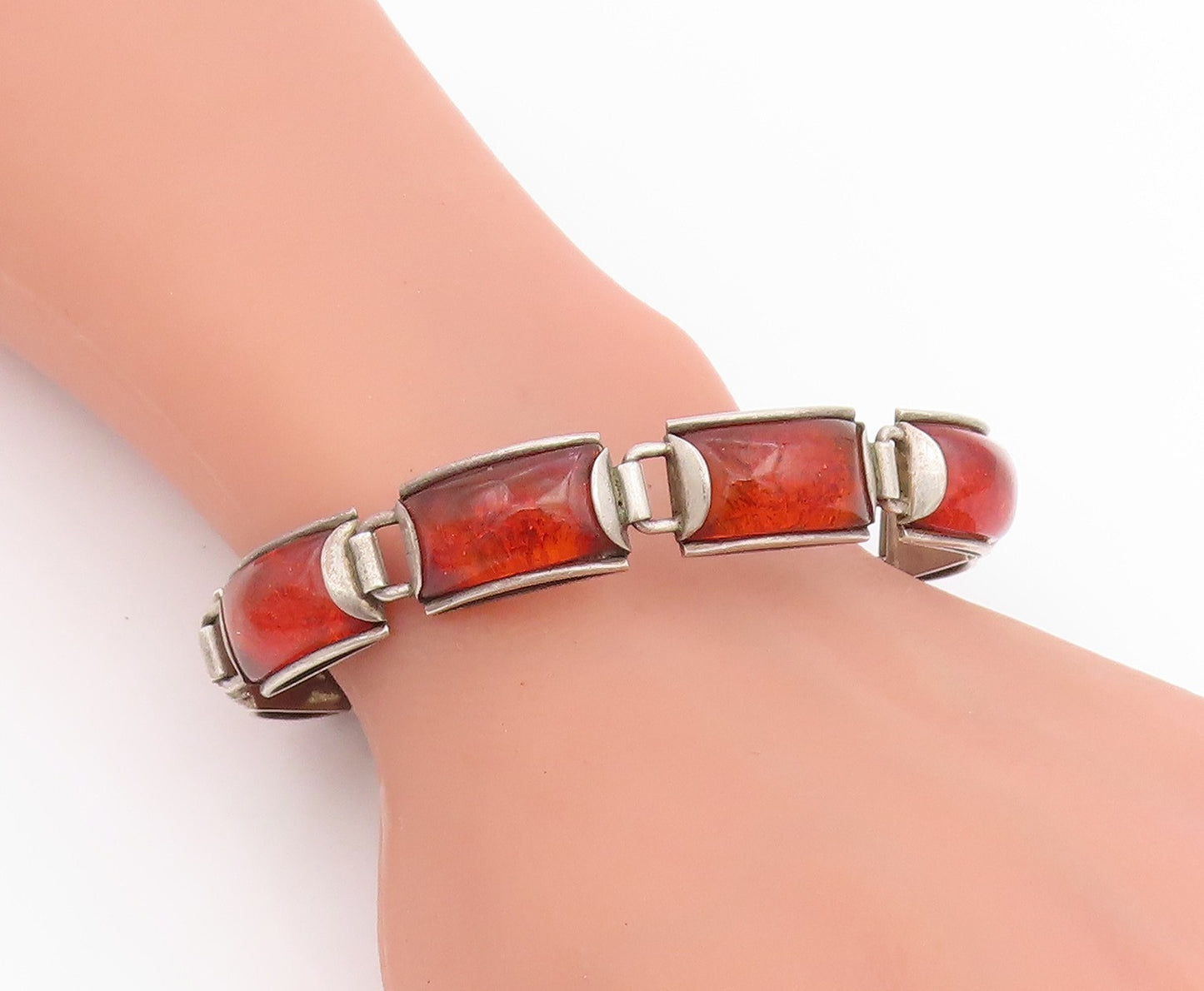 925 Sterling Silver Vintage Bracelet Classic Honey Amber Geometric Link  BT11851