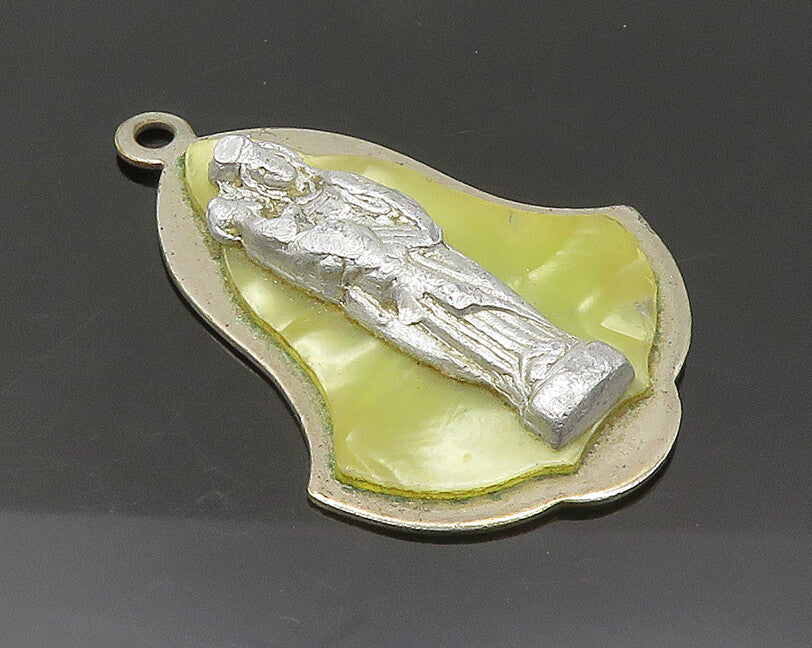 925 Sterling Silver  Vintage Green Mother Of Pearl Religious Pendant  PT17248