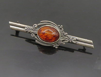 POLAND 925 Sterling Silver  Vintage Cabochon Cut Amber Brooch Pin  BP7509