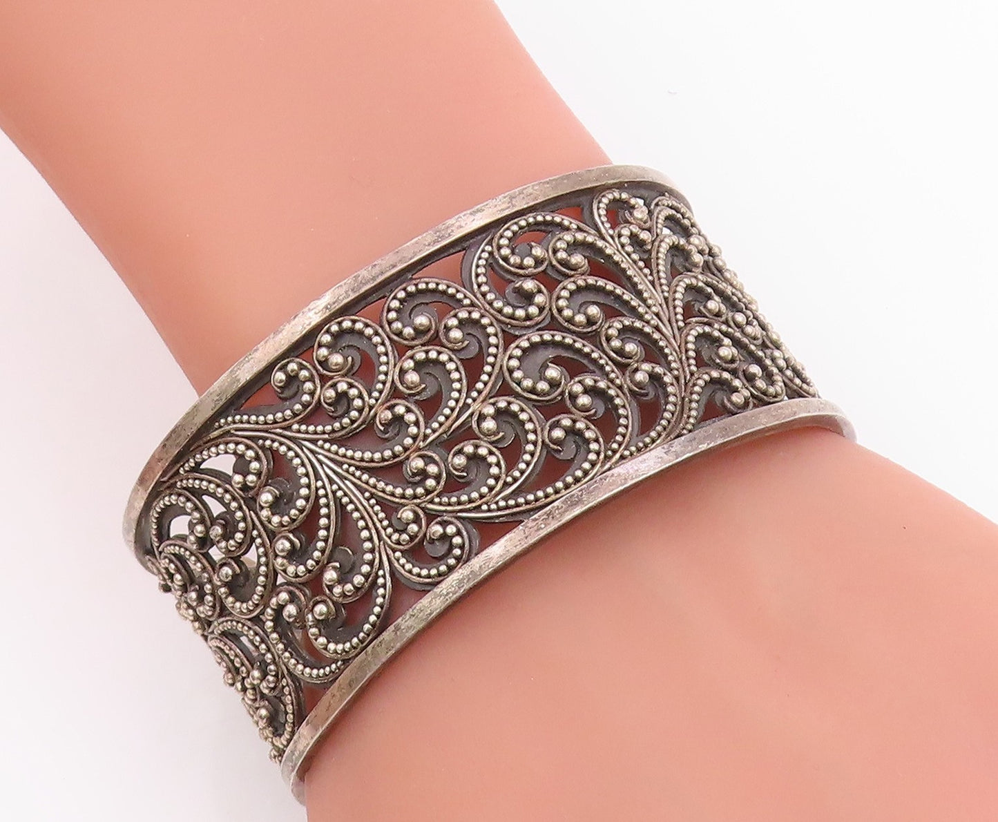 925 Sterling Silver Vintage Bracelet Lois Hill Beaded Scrollwork Cuff  BT11440