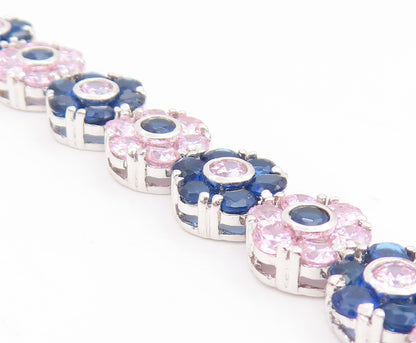 925 Sterling Silver Vintage Necklace Pink & Blue Topaz Floral Link Chain  NE4813