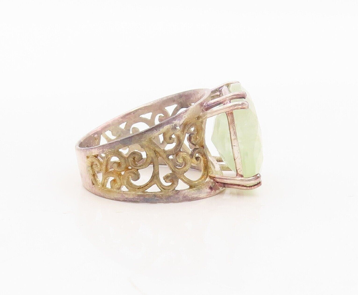 925 Sterling Silver Vintage Ring Swirly Cut Band Green Gemstone  Sz 7.5  RG30441