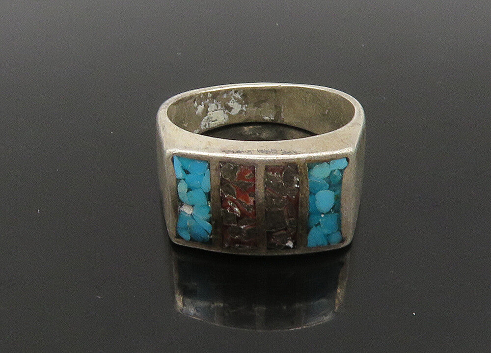 SOUTHWESTERN 925 Silver Vintage Turquoise & Jasper Band Ring Sz 8 RG22966