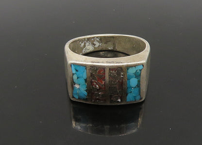 SOUTHWESTERN 925 Silver Vintage Turquoise & Jasper Band Ring Sz 8 RG22966