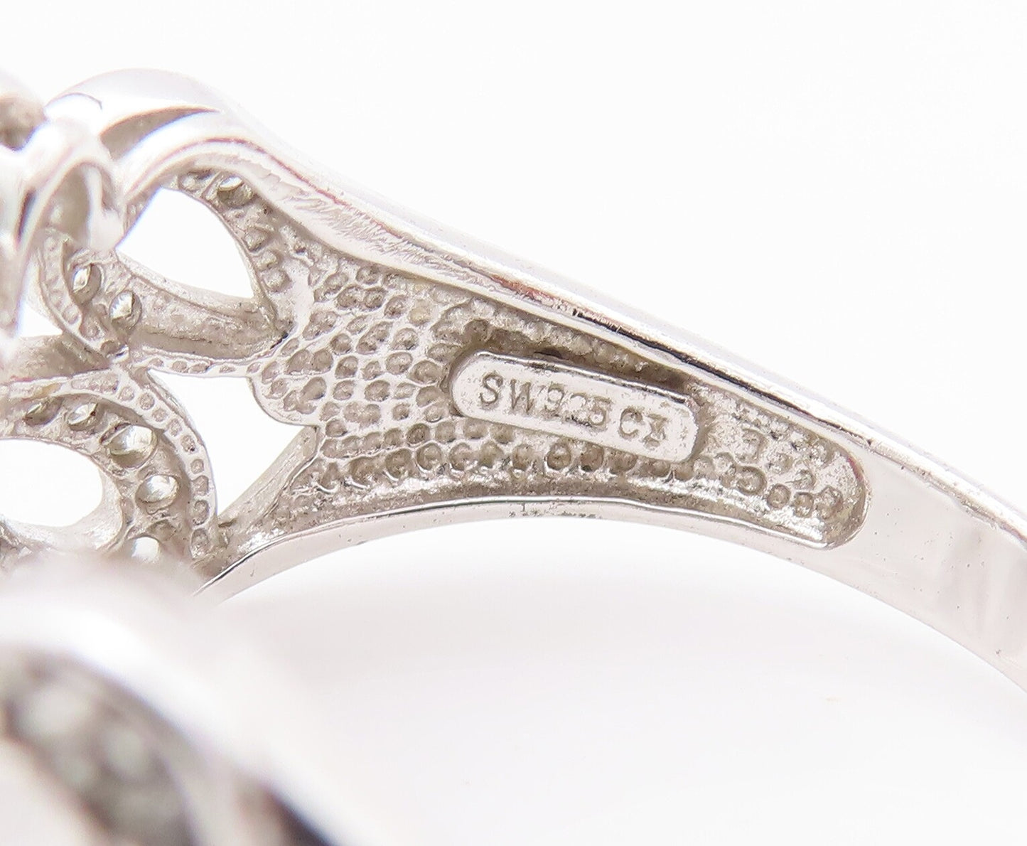 925 Sterling Silver Vintage Ring Solid Cutout CZ Beaded Flowers Sz 10.5  RG28301