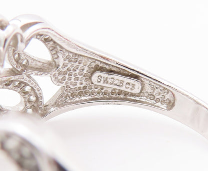 925 Sterling Silver Vintage Ring Solid Cutout CZ Beaded Flowers Sz 10.5  RG28301