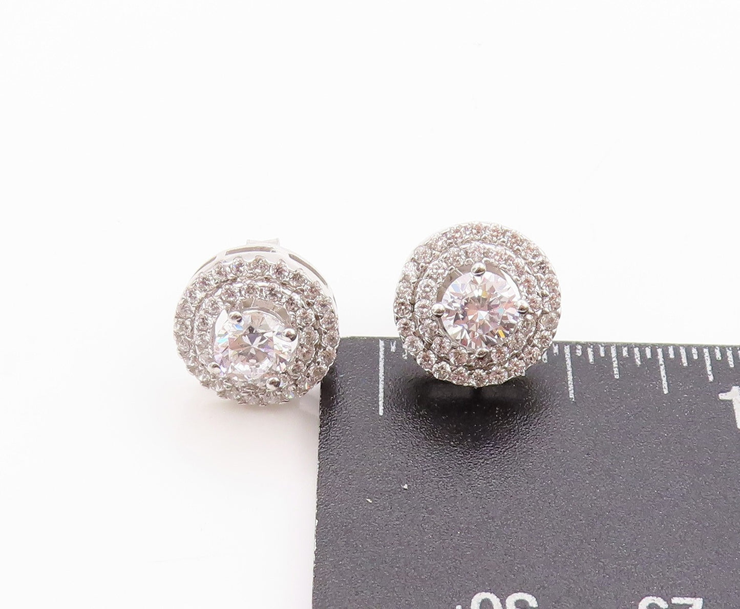 925 Sterling Silver Vintage Earrings Round CZ Halo CZ Band Design Studs  EG13595