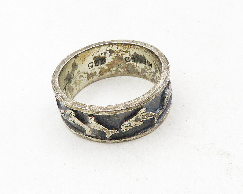 MEXICO 925 Sterling Silver  Vintage Oxidized Dolphins Band Ring Sz 8  RG9993