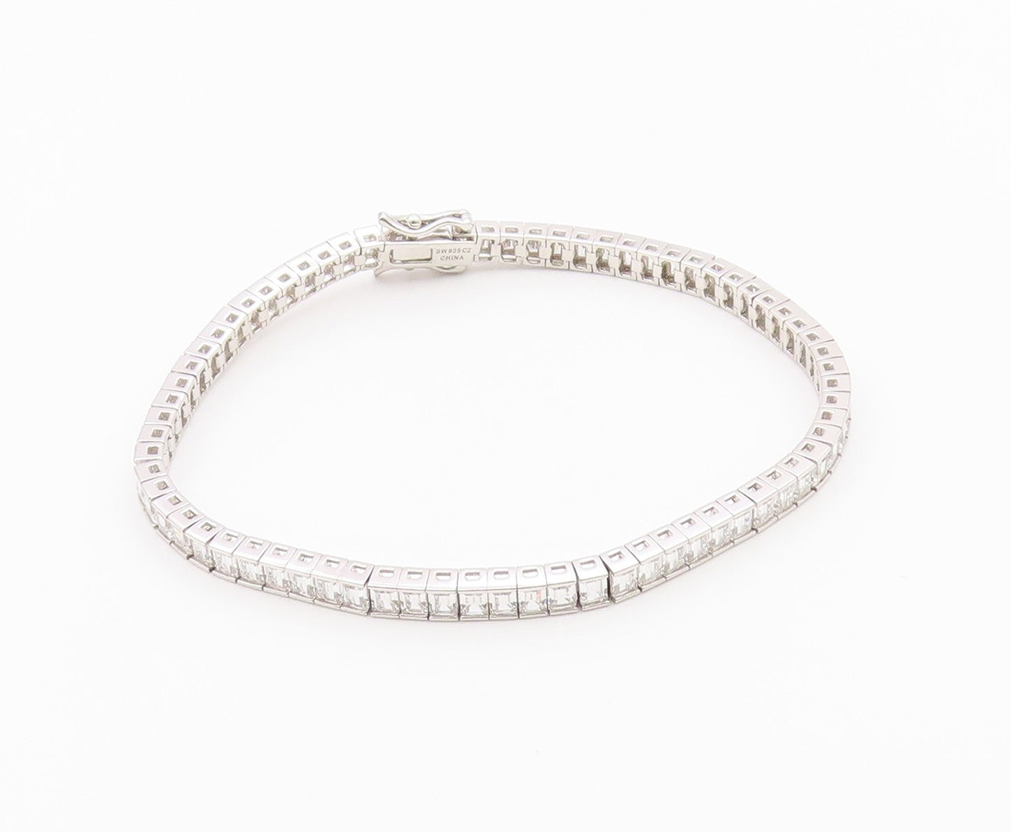 925 Sterling Silver  Vintage Cubic Zirconia Box Link Tennis Bracelet  BT8843