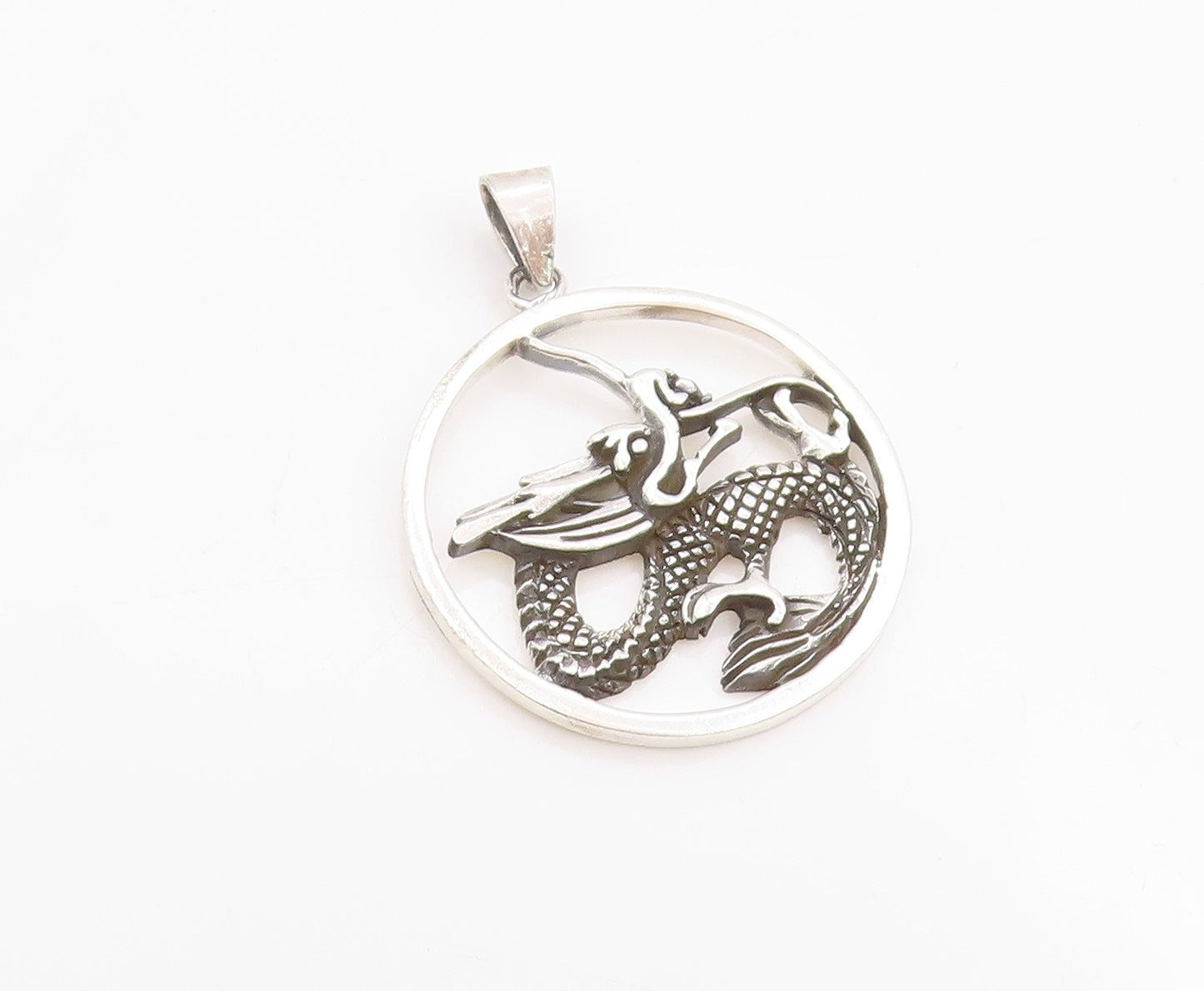 925 Sterling Silver Vintage Pendant Dark Tone Cutout Chinese Dragon  PT24386