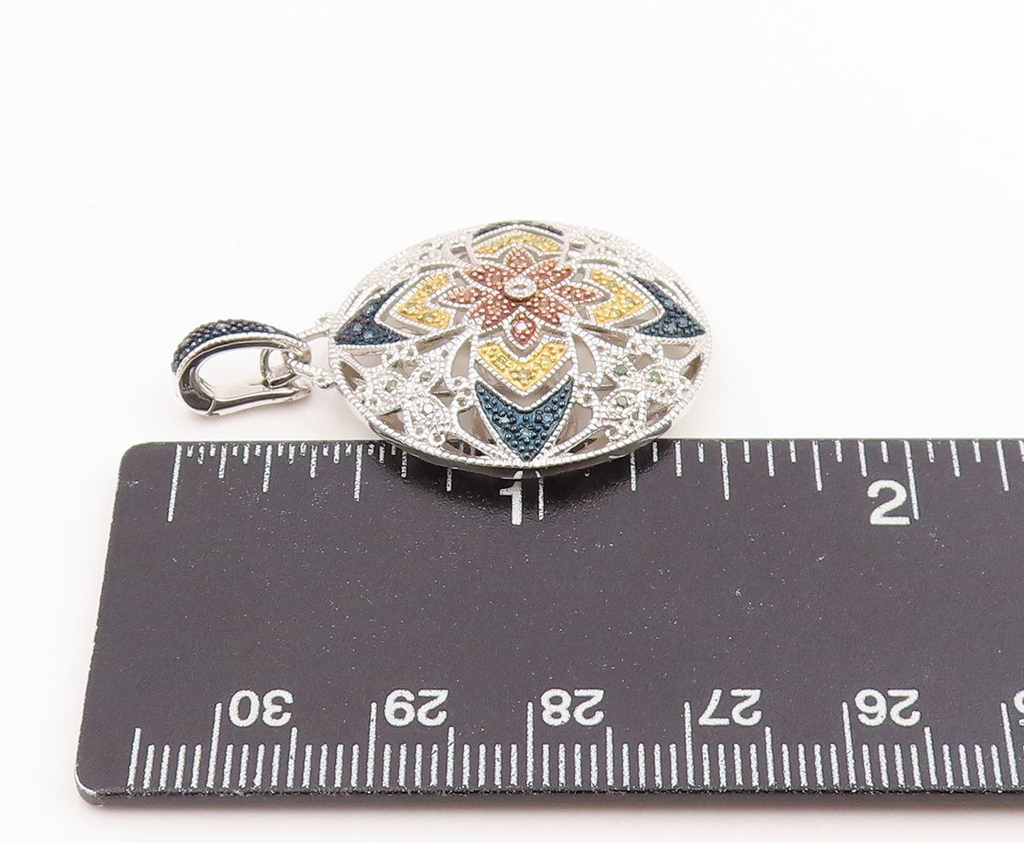 925 Sterling Silver Vintage Pendant Real Diamonds Floral Mandala  PT26241
