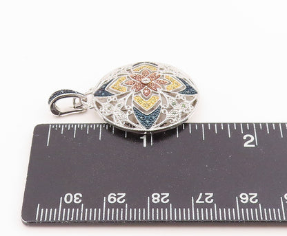 925 Sterling Silver Vintage Pendant Real Diamonds Floral Mandala  PT26241