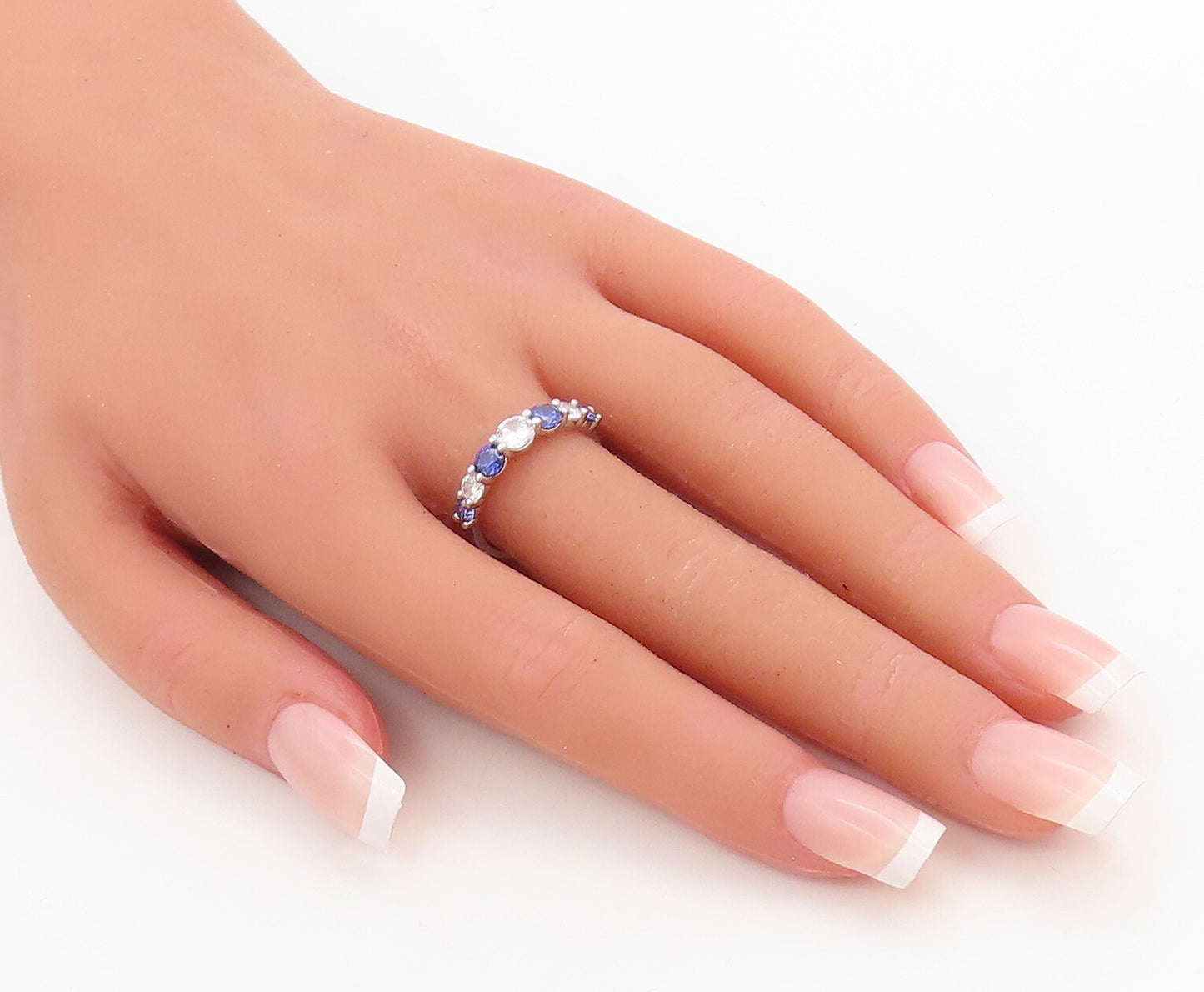 925 Sterling Silver Vintage Ring Round Cut Blue & White CZ Band  Sz 7.5  RG30523
