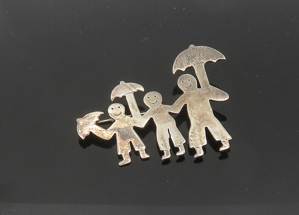 MEXICO 925 Sterling Silver  Vintage Family With Umbrellas Brooch Pin  BP8364