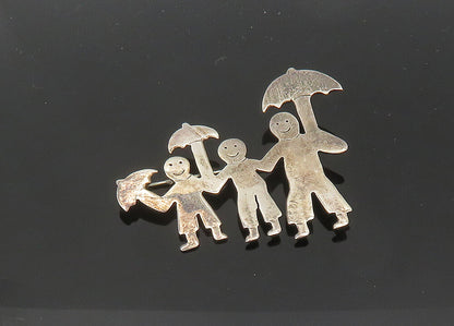 MEXICO 925 Sterling Silver  Vintage Family With Umbrellas Brooch Pin  BP8364