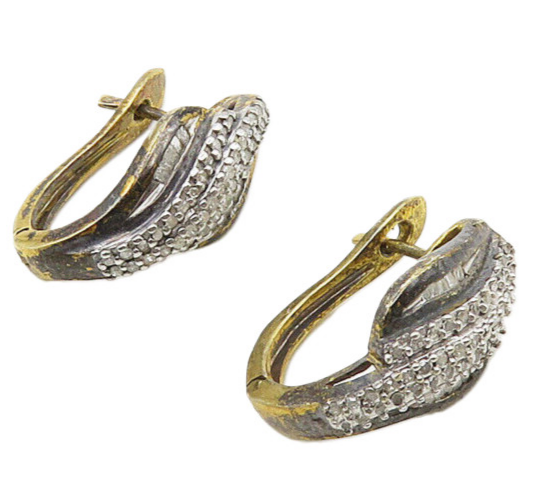 925 Sterling Silver  Vintage Genuine Diamonds 2 Tone Hoop Earrings  EG9734