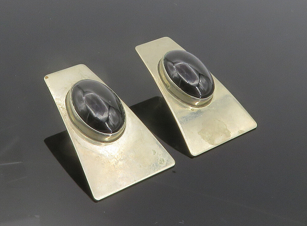 925 Sterling Silver  Vintage Cabochon Black Onyx Modernist Earrings  EG2913