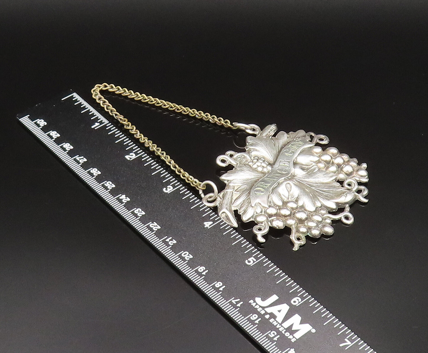 925 Sterling Silver  Vintage Grape Cluster & Leaf Orange Gin Liquor Tag TR3350