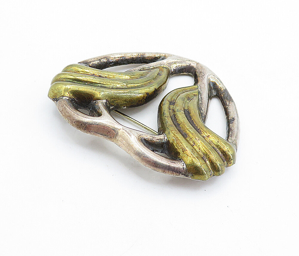MEXICO 925 Sterling Silver Vintage Two Tone Heart Design Brooch Pin BP2498