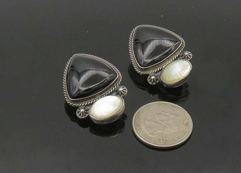 REVE 925 Silver  Vintage Onyx & Mother Of Pearl Non  Pierce Earrings  EG10289