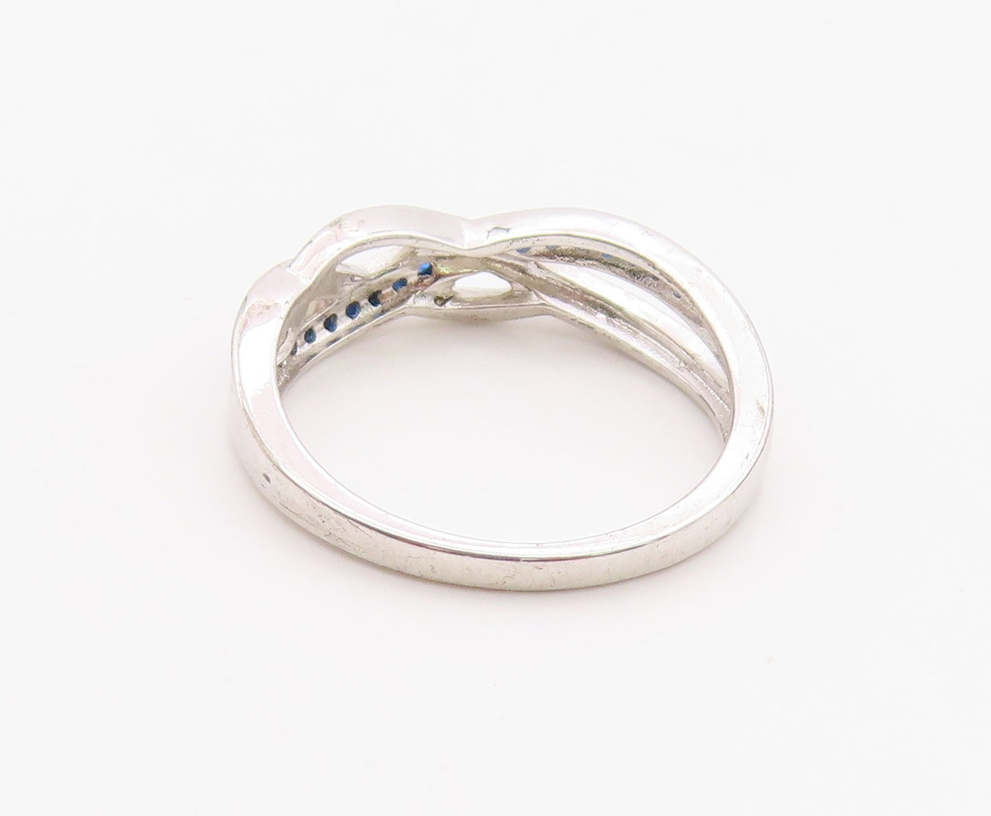 925 Sterling Silver Vintage Ring Elegant Blue CZ Crossover Band  Sz 6  RG36338