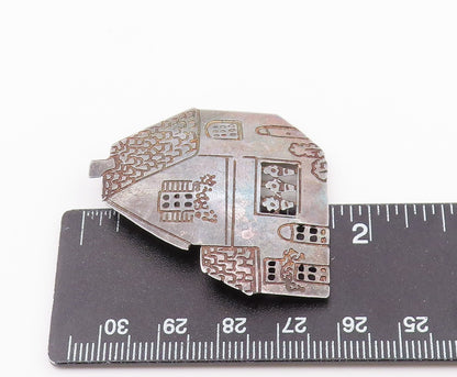 925 Sterling Silver  Vintage Dark Tone Etched Detail House Brooch Pin  BP8279