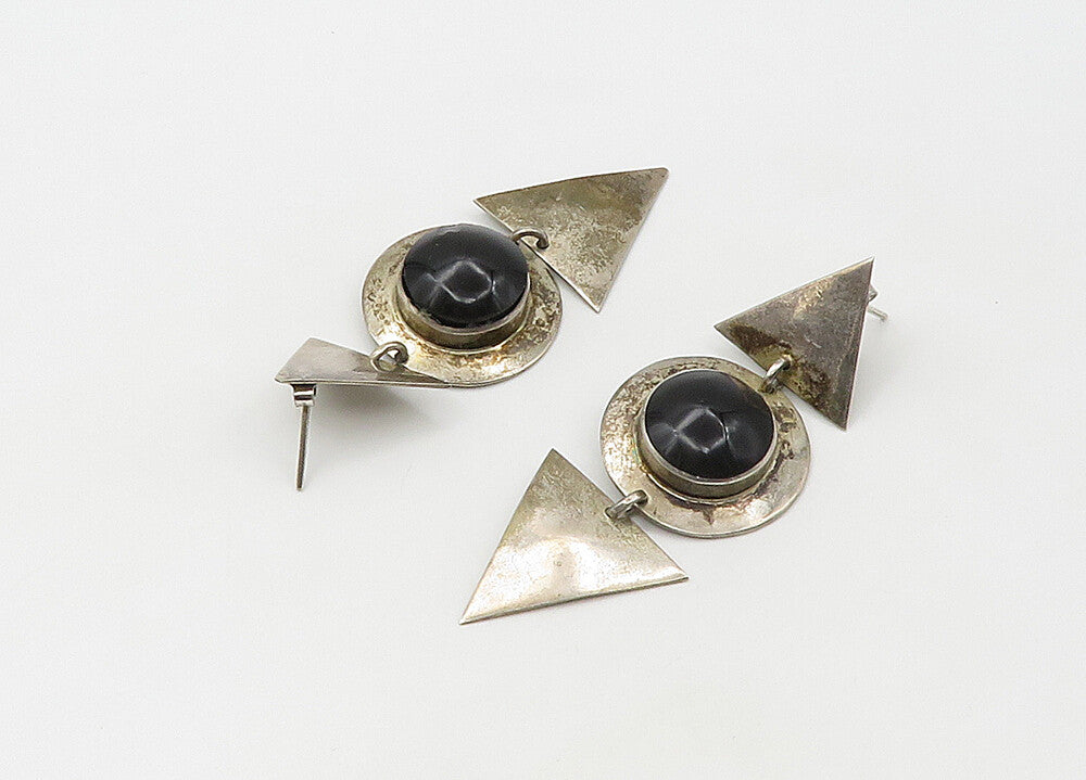 MEXICO 925  Silver  Vintage Cabochon Cut Black Onyx Dangle Earrings  EG10679